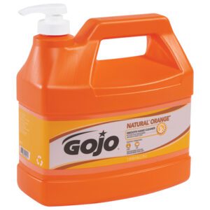 The GOJO® NATURAL* ORANGE™ Smooth Hand Cleaners one-gallon jug (4/Case) has a pump dispenser, features a citrus-themed label indicating its natural orange scent, and includes a large handle for easy carrying.