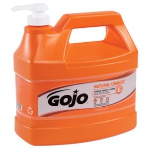The orange one-gallon GOJO® NATURAL* ORANGE™ Pumice Hand Cleaner jug has a pump dispenser, built-in handle, and labeled brand details. It is sold in a pack of four.