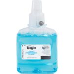 The GOJO® Pomeberry Foam Handwash - 1,200 mL Refill (2/Case) is a vibrant blue soap in a clear plastic bottle with a pump, featuring the Gojo logo and product details for added convenience.