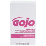 The image shows a 2,000 mL white box of GOJO Deluxe Lotion Soap with Moisturizers Refill, designed for general handwashing and labeled in English, French, and Spanish. It is sold in a case containing four boxes.
