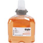The image shows a clear plastic bottle of GOJO® Antibacterial Foaming Soap, featuring an orange liquid, a gray cap, and a white Gojo label. The base indicates a volume of 1,200 mL (40.5 US FL OZ).