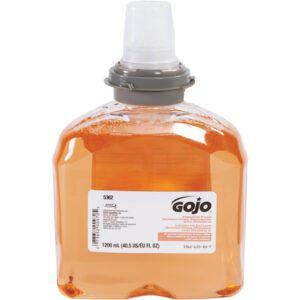 The image shows a clear plastic bottle of GOJO® Antibacterial Foaming Soap, featuring an orange liquid, a gray cap, and a white Gojo label. The base indicates a volume of 1,200 mL (40.5 US FL OZ).