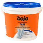 A bucket of Gojo® Fast Wipes® (4/Case) featuring a white and orange design with a blue lid and handle, displaying branding and product details.