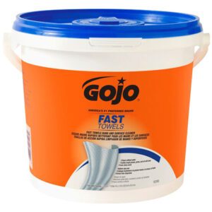 The large Gojo® Fast Wipes® (1 Pack) container, with its distinct orange label and blue lid, showcases the brand name above a towel image. Equipped with side handles, its designed for easy portability.