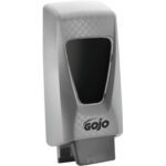 The GOJO® Wall-Mount Dispenser - 2,000 mL features a glossy black push panel with the Gojo logo and a gray, textured casing with a diamond pattern, offering elegance and functionality for your hygiene needs.