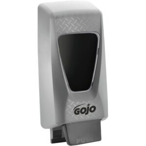 The GOJO® Wall-Mount Dispenser - 2,000 mL features a glossy black push panel with the Gojo logo and a gray, textured casing with a diamond pattern, offering elegance and functionality for your hygiene needs.