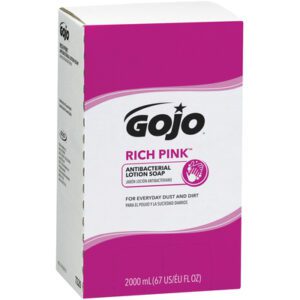 The GOJO® Rich Pink™ Antibacterial Lotion Soap Refill Box - 2,000 mL (4/Case) features a white design with a bold pink section, emphasizes for everyday dust and dirt, and provides a capacity of 67 US fl oz per unit.