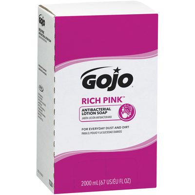 GOJO7220.jpg The GOJO® Rich Pink™ Antibacterial Lotion Soap Refill Box - 2,000 mL (4/Case) features a white design with a bold pink section, emphasizes for everyday dust and dirt, and provides a capacity of 67 US fl oz per unit.