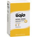 The GOJO® Natural* Orange™ Smooth Hand Cleaner Refill Box - 2,000 mL (4/Case) features a white and orange design, highlighting its fast dirt and grease removal with ample supply for effective cleaning.