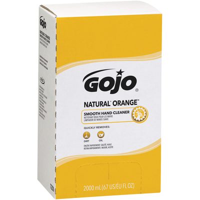 GOJO7250.jpg The GOJO® Natural* Orange™ Smooth Hand Cleaner Refill Box - 2,000 mL (4/Case) features a white and orange design, highlighting its fast dirt and grease removal with ample supply for effective cleaning.