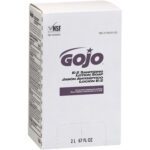 The GOJO E-2 Sanitizing Lotion Soap Refill Box features a sleek white design with purple text, holding 2,000 mL per unit. NSF certified and includes bilingual instructions. Available in cases of four for convenience.
