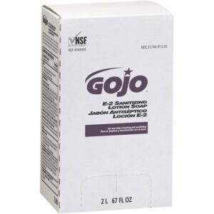 The GOJO E-2 Sanitizing Lotion Soap Refill Box features a sleek white design with purple text, holding 2,000 mL per unit. NSF certified and includes bilingual instructions. Available in cases of four for convenience.