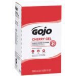 The GOJO® Cherry Gel Pumice Hand Cleaner - 2,000 mL (4/Case) features eye-catching red and white packaging with bold black text and is designed to effectively remove dirt, oil, and grease.