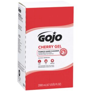 The GOJO® Cherry Gel Pumice Hand Cleaner - 2,000 mL (4/Case) features eye-catching red and white packaging with bold black text and is designed to effectively remove dirt, oil, and grease.
