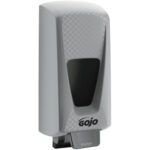 The GOJO® Wall-Mount Dispenser - 5,000 mL offers a gray finish with a diamond pattern top, featuring a black viewing window and an ergonomic push button at the base, seamlessly blending style and practicality for dispensing up to 5,000 mL of soap.