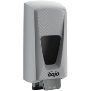The GOJO® Wall-Mount Dispenser - 5,000 mL offers a gray finish with a diamond pattern top, featuring a black viewing window and an ergonomic push button at the base, seamlessly blending style and practicality for dispensing up to 5,000 mL of soap.