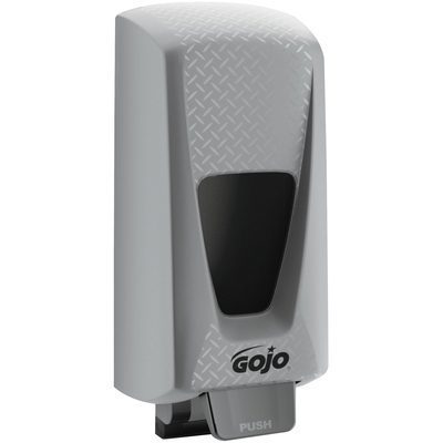GOJO7500.jpg The GOJO® Wall-Mount Dispenser - 5,000 mL offers a gray finish with a diamond pattern top, featuring a black viewing window and an ergonomic push button at the base, seamlessly blending style and practicality for dispensing up to 5,000 mL of soap.