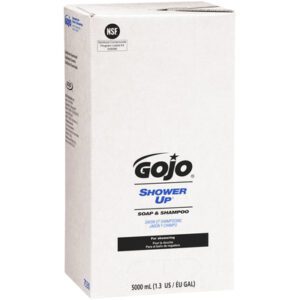 A white box labeled with GOJO Shower Up in blue and black contains soap and shampoo, 5,000 mL (1.3 US/EU GAL). The packaging features NSF certification and bilingual English/French details for the GOJO® Shower Up® Soap and Shampoo Refill Box - 5,000 mL (2/Case).