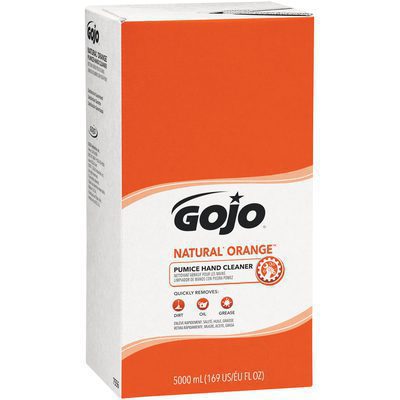 GOJO7556.jpg The GOJO® Natural* Orange™ Pumice Hand Cleaner Refill Box offers effective removal of dirt, grease, paint, and adhesives in a generous 5,000 mL size. The white and orange packaging highlights its strength in tackling tough grime. Selling as 2 per case.