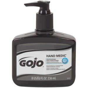 The GOJO® Hand Medic® Skin Conditioner - 8 oz. (6/Case) features a sleek black pump with a gray label, perfect for moisturizing hardworking hands and essential for professional environments.