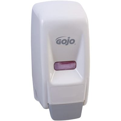 GOJO90341PK.jpg The GOJO® Wall-Mount Dispenser - 800 mL, White, boasts a sleek design featuring the brand name on the front. A rectangular window reveals pink soap inside, all set against a stylish gray base.