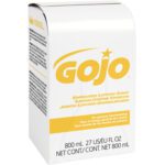 A yellow and white GOJO Enriched Lotion Soap Refill Box contains 800 mL or 27 US/EU FL OZ per unit, designed for general handwashing, and is sold in a case of 12.