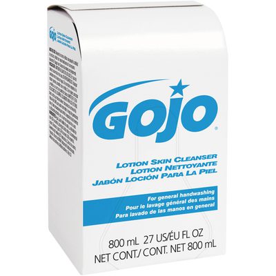 GOJO9112.jpg The GOJO® Lotion Skin Cleanser Soap Refill Box is designed for handwashing, features a white box with blue text in English, French, and Spanish, holds 800 mL (27 US/EU FL OZ), and comes in cases of 12.