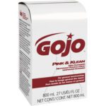 The GOJO Pink & Klean Refill Box, labeled in multiple languages for general handwashing, holds 800 mL (27 US fl oz) of skin cleanser. Its typically sold as part of a case containing 12 boxes.