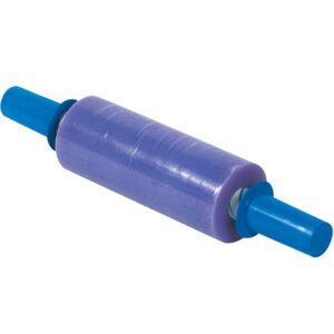 The 10 x 80 Gauge x 1000 Goodwrappers® Premium Stretch Wrap features blue handles for easy dispensing. Its purple wrap, partly unspooled, is conveniently positioned horizontally.