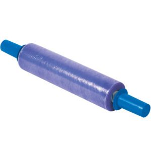 The 15 x 80 Gauge x 1000 Goodwrappers® Premium Stretch Wrap (4/Case) in purple, featuring blue handles on each end and a strong cylindrical core, offers a dependable solution for packaging or covering food.