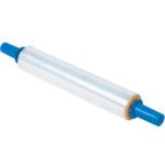 A roll of 20 x 80 Gauge x 1000 Goodwrappers® Economy Cast Stretch Wrap is displayed horizontally with blue handles for easy grip and dispensing, wound tightly around a cylindrical core and reflecting light beautifully on its shiny surface.