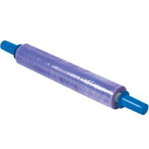 A roll of 20 x 120 Gauge x 800 Goodwrappers® Premium Stretch Wrap with purple film and blue handles for secure packaging.