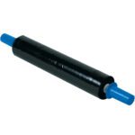 The 20 x 80 Gauge x 1000 Black Goodwrappers® UVI Stretch Wrap (4/Case) has blue handles on each end and is ideal for packaging, featuring a tightly wound design with a smooth and shiny surface.