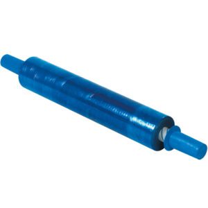 The 20 x 80 Gauge x 1000 Blue Goodwrappers® Colored Cast Stretch Wrap (4/Case) includes handles and a vibrant blue film tightly wound around a cylindrical core, making it ideal for wrapping or packing.
