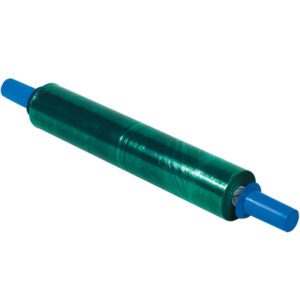 The 20 x 80 Gauge x 1000 Green Goodwrappers® Colored Cast Stretch Wrap (4/Case) with blue handles is ideal for securing items, tightly wound around a cardboard tube.