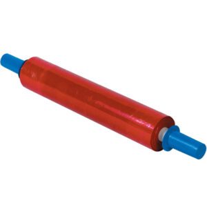 The red Goodwrappers® stretch wrap measures 20 x 80 Gauge x 1000 and is tightly wound for easy dispensing, featuring blue handles on each end.