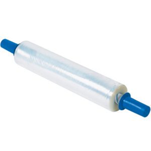 Meet the 20 x 120 Gauge x 800 Goodwrappers® Economy Cast Stretch Wrap with blue end handles, perfect for efficient food sealing and preserving. Transparent and easy to use, it comes in a case of four for convenient storage.