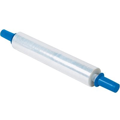 GOOD27.jpg The 20 x 70 Gauge x 1000 Goodwrappers® Economy Cast Stretch Wrap (4/Case) is wound around a cylindrical core with blue handles on each end, against a white background.