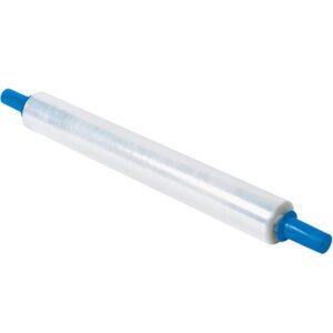 A 30 x 80 Gauge x 1000 Goodwrappers® Economy Cast Stretch Wrap, part of a 4 per case set, elegantly sits on a cylindrical holder with blue handles at each end.