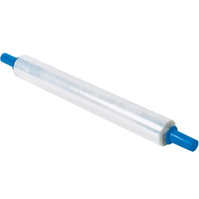 GOOD30.jpg A 30 x 80 Gauge x 1000 Goodwrappers® Economy Cast Stretch Wrap, part of a 4 per case set, elegantly sits on a cylindrical holder with blue handles at each end.