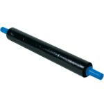 A black foam roller with blue plastic handles is designed for muscle massage and therapy. Much like the 30 x 80 Gauge x 1000 Black Goodwrappers® UVI Stretch Wrap, it features a smooth surface for optimal performance.