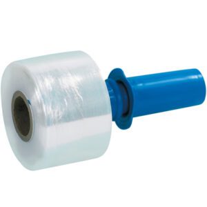 The 3 x 80 Gauge x 1500 Goodwrappers® Bundling Stretch Wrap, sold in a case of 12, features a blue cylindrical handle for easy application and grip. Its tightly wound design is slightly glossy to reflect light during use.