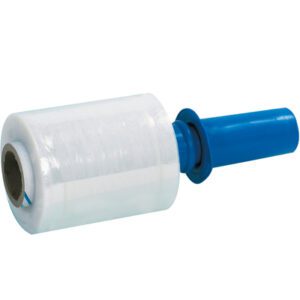The 5 x 120 Gauge x 650 Goodwrappers® Bundling Stretch Wrap (12/Case) features clear film with a blue handle, ideal for wrapping and securing items, and is neatly rolled around a sturdy cardboard core for easy grip and application.