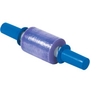 A roll of Goodwrappers® Premium Stretch Wrap, 5 x 80 Gauge x 1000, features purple wrap with blue handles on both ends (4 rolls per case).