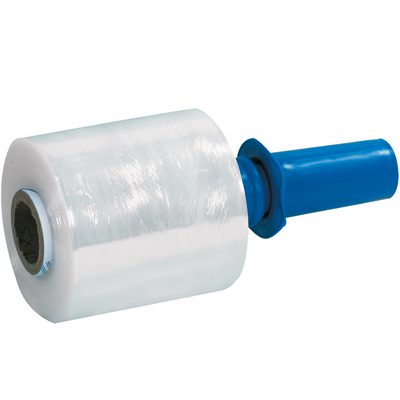 GOOD580VSR.jpg A 5 x 80 Gauge x 1500 Goodwrappers® Bundling Stretch Wrap with a blue handle ensures easy application while securing items. The tightly wound, translucent wrap enhances durability.