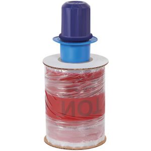 A roll of red caution tape on a brown cardboard cylinder, with a blue and purple plastic dispenser, looks like the 5 x 80 Gauge x 500 DO NOT BREAK LOAD Goodwrappers® Identi-Wrap (6/Case).