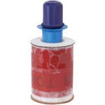 The 5 x 80 Gauge x 500 RED HOT RUSH Goodwrappers® Identi-Wrap (6/Case) features bold black text on red packing tape, stacked with a blue plastic handle, partially covered in clear plastic, and mounted on a cylindrical cardboard core for easy use.