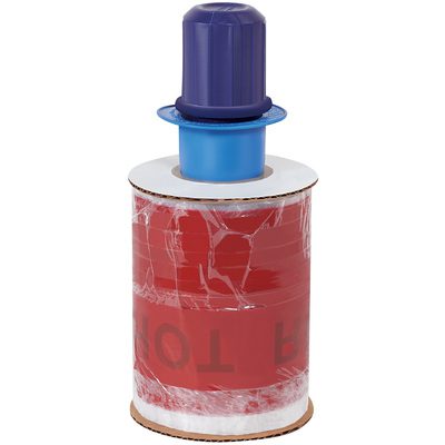 GOODID5RHR.jpg The 5 x 80 Gauge x 500 RED HOT RUSH Goodwrappers® Identi-Wrap (6/Case) features bold black text on red packing tape, stacked with a blue plastic handle, partially covered in clear plastic, and mounted on a cylindrical cardboard core for easy use.