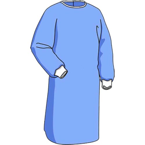 Illustration of a blue long-sleeved medical gown with white cuffs. The gown appears loose-fitting and is typically used for protection in medical settings.