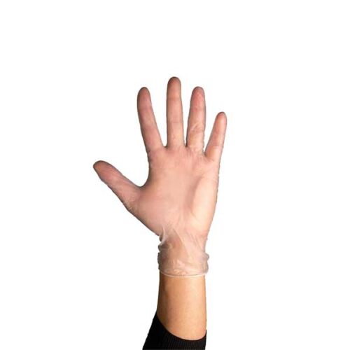 GP1400-2.jpg A hand wearing a transparent disposable glove is raised against a plain white background. The glove partially covers the wrist, and the hand is open with fingers spread.